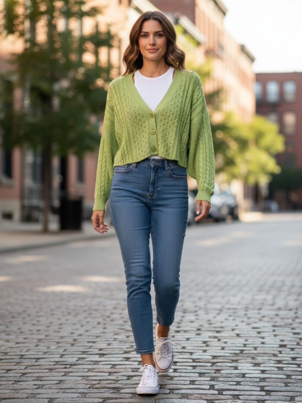 FOREVER 21 NWOT Grass Green Cropped Cardigan Sweater L Cable Knit COTTON Acrylic